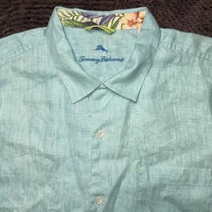 Tommy Bahama Mens Linen Shirt L Green Short Sleeve Button Front Island